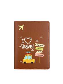 PU皮革护照夹，卡通旅行插画设计，简约敞口旅行证件收纳包，女士护照钱包，带身份证和卡槽，可收纳护照、现金和卡片，轻巧甜美风格，适合旅行和日常使用，送给女性的实用礼物，度假必备 - 彩色 - 查看 12