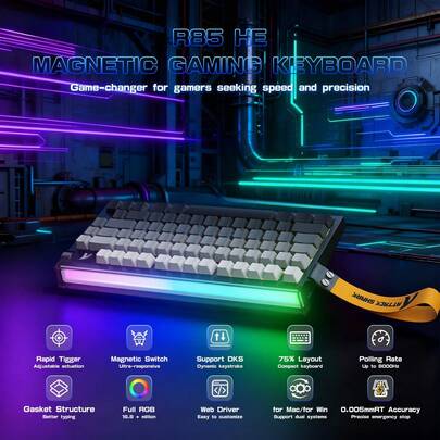 ATTACK SHARK Bàn phím từ R85 HE Rapid Trigger với công tắc từ, hộp đèn RGB tùy chỉnh, độ nhạy 75%, tần số quét 8KHz, núm điều khiển đa phương tiện, độ chính xác RT 0.005mm, điểm kích hoạt có thể điều chỉnh, trình điều khiển dựa trên web, hỗ trợ RT/Snap Tap/DKS/MT/TGL.