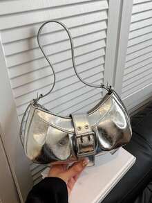 1 pieza Bolso de hombro/axila de mujer de gran capacidad, de cuero sintético suave con efecto ombré, decorado con remaches, estilo vintage motero punk, con correa ajustable, adecuado para trabajo, viajes, citas, fiestas - Plateado - Ver 5