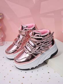 Kids Roller Skate Shoes With 4 Wheels, Detachable Wheels, Roller Skating Shoes, Fashion Casual Shoes With Hook And Loop Closure For Boys And Girls - Pink - View 5