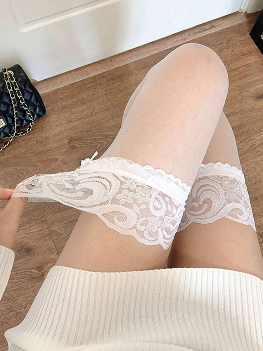 1 Pair Sexy Lace Trim Thigh High Stockings, Plus Size, High Elasticity, Shiny Viscose, Sensual Lace Trim Over-The-Knee Socks, Suitable For Clubbing - White - View 1