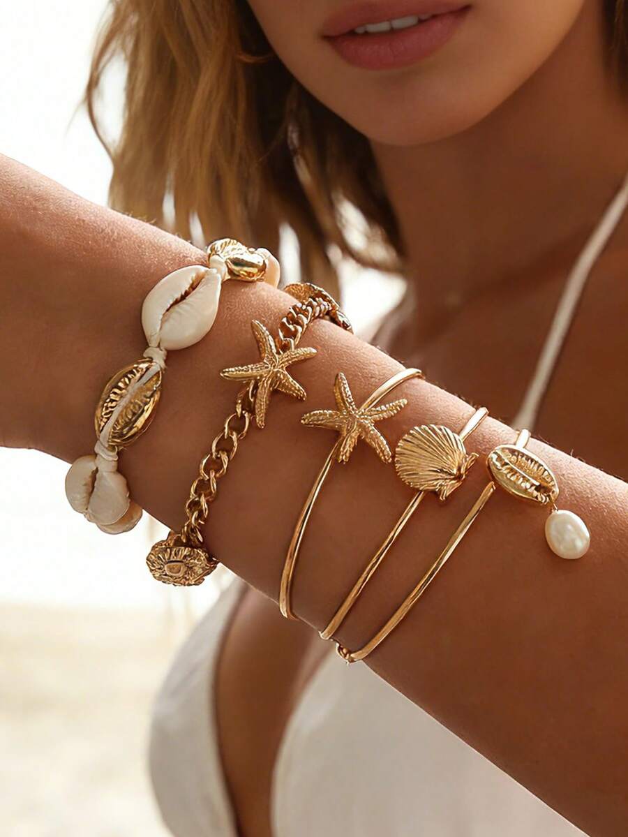 5pcs Fashion Luxury Women's Bracelet Starfish Shell Pendant Bracelet Set Beach Jewelry Vacation Accessories - Yellow Gold - View 1