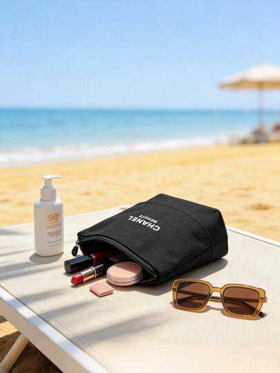  Chanel Retractable Black Canvas Cosmetic Bag - Zipper Travel Organizer