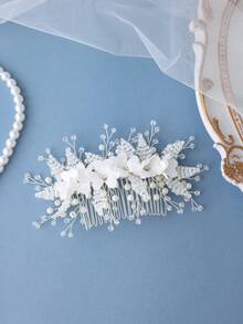 1件白色串珠花朵优雅女士发梳，新娘婚礼头饰 - 彩色 - 查看 3