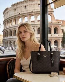 Coach Mollie Tote Shoulder Bag Monogram Canvas Women's Handbag Large Capacity Crossbody Purses 2way Commuter Bag - Walnut and Black - View 4