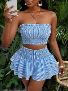 女士夏季休闲条纹露脐吊带背心和迷你裙两件套 - 彩色 - 查看 1