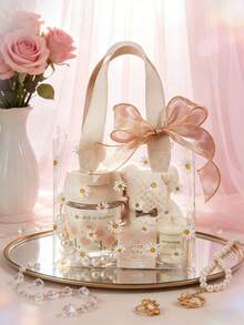 1/5个装礼品袋，带防水袋和雏菊图案丝带，时尚便携婚礼礼品袋，小巧雏菊图案PVC透明手提袋 - 彩色 - 查看 3