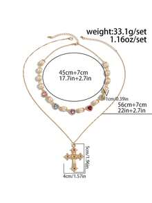 2件套嘻哈风3D镶嵌爱心水钻十字架吊坠仿珍珠几何细链项链套装，摇滚朋克时尚日常休闲街头风情侣魅力百搭时尚男士项链礼物 - 項鍊 - 查看 5