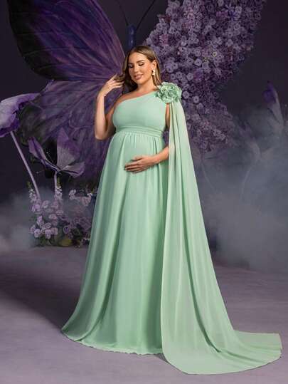 Faeriesty Elegant Maternity Plus Size Mint Green Asymmetric Shoulder Extra Long Sleeve Maxi Party Gown | Sheer Chiffon Fabric, 3D Floral Applique At Shoulder Spring