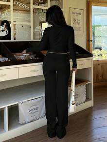 Women's Solid Color Casual Minimalist Commuter Street Style Set, Long Sleeve Top And Pants Black Spring - Black - View 2