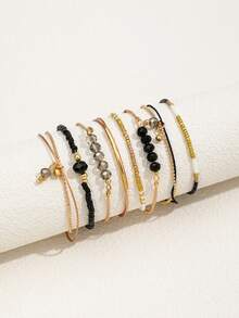 7pcs Handmade Beaded Bracelet Set, Black Crystal Beads, Rice Beads, Contrast Color Pendant, Minimalist Ins Style - Gold - View 2