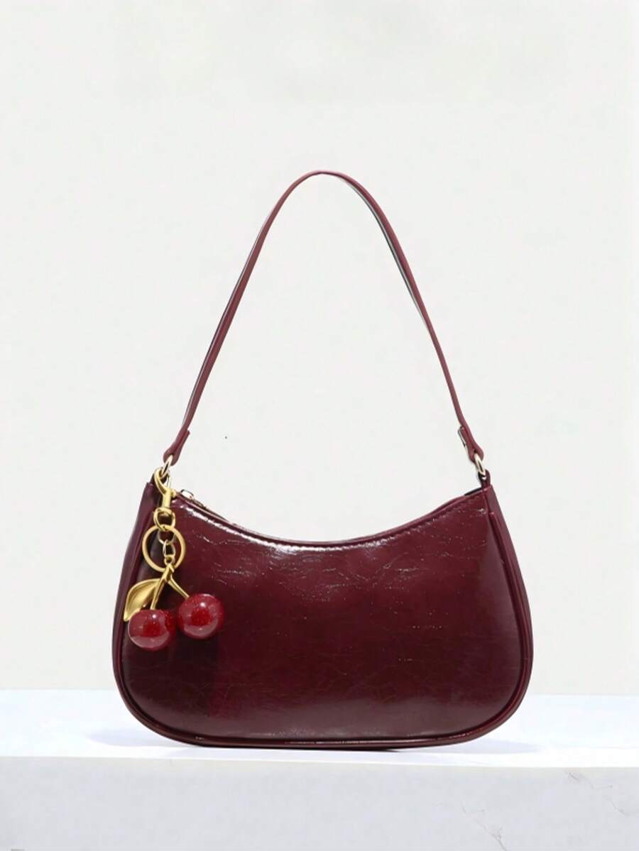 1pc Glossy Lacquered Cherry Ornament, Novelty Hanging Decor, Burgundy Minimalist Women's Shoulder Bag, Zipper Closure, Vintage Style, Underarm Bag, Suitable For Multiple Occasions , Red Bag , Burgundy Bag - 酒紅色 - 查看 1