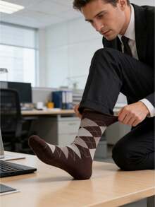 LAOPAO 3双男士商务袜，经典菱格纹图案，展现英伦绅士风范，适合搭配西装和皮鞋，高弹透气面料，吸湿排汗，时尚商务休闲袜 - 彩色 - 查看 9