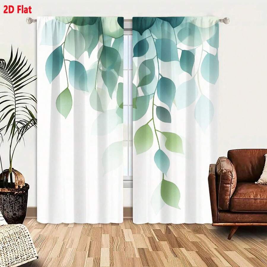 2D Flat Design, 2 Panels Curtains, Adopting 2D Flat Exquisite & Soft Pastel Leaf Arrangement, Sheer Drooping Branches, Creating A Soft & Dreamy Ethereal Background. White, Teal, Turquoise Green, Blue Tones Intertwined, Presenting Lightweight &  Natural Beauty. Window Curtains For Bedroom & Living Room Decor, 2D Flat Style, Window Treatments,  Aesthetics, Soft Tones, Sheer Material, Sheer Curtains, Art Window Treatments, Cozy Living Space - 2pcs - Xem 1