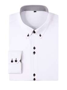 Men's Business Formal Shirt, Pointed Collar Double Button Design, Contrast Black Button Detail, Wrinkle-Resistant Long Sleeve Shirt, Professional Office Wear, Classic Versatile Men's Clothing - White - View 2