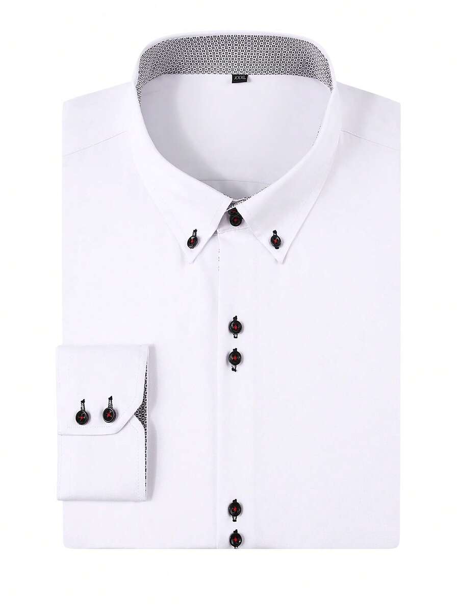 Men's Business Formal Shirt, Pointed Collar Double Button Design, Contrast Black Button Detail, Wrinkle-Resistant Long Sleeve Shirt, Professional Office Wear, Classic Versatile Men's Clothing