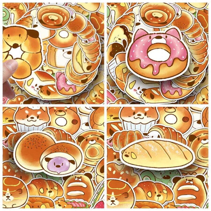50pcs Cute Cartoon Bread Dog Food Series Stickers, Suitable For Scrapbooking, Diaries, Notebooks, Water Bottles, Cars, Etc. Faith-Based Design With Positive Messages, Great Gift - Multicolor - View 1