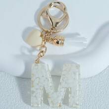 Shiny Marble Texture Uppercase English Resin Letter Set (26 Letters), 18K Gold Plated Lobster Clasp Chain Flat Ring 3 Pieces Set, Fashionable & Casual, Can Be Used As Cup Chain, Bag Chain, Phone Hanging Chain, Perfect For Birthday, Christmas Gifts, Car Accessories, Bag Charms, Campus Style, Gothic Style, Y2K Style - Beige - View 4