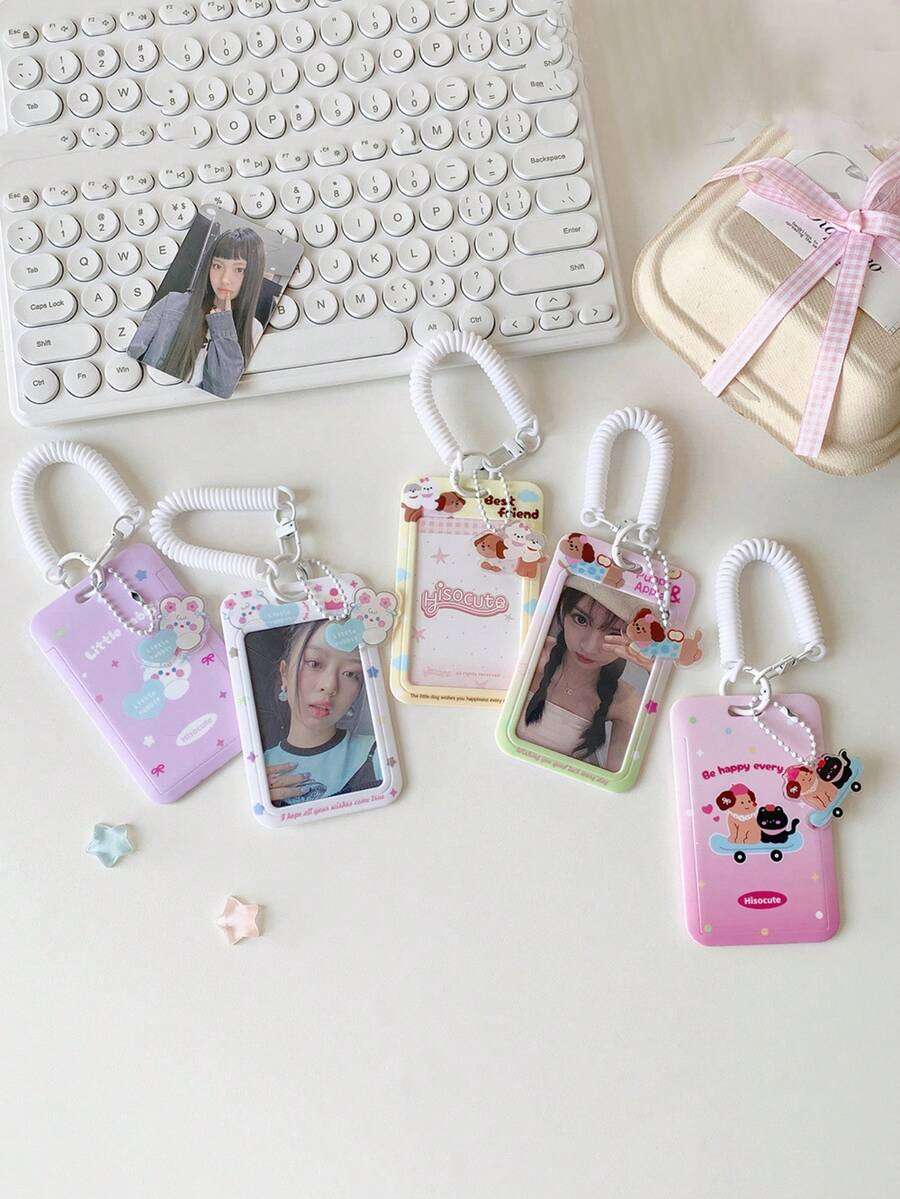 1 PC Cartoon Puppy Elastic Rope Sliding Cover Card Set For Girls Chasing Stars, Three Inch Small Card Set, Keychain Pendant Card Bag