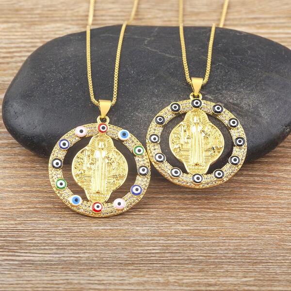 New Retro Round Shape Saint Benedict Medal Pendant Necklace For Women Men Copper Drip Oil Evil Eye Zirconia Chain Choker Jewelry