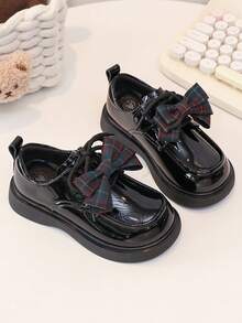 1 Pair Girls' British Style Leather Shoes, New Spring/Autumn Plaid Bow Princess Shoes, Children Soft Bottom Performance Shoes - Black - View 3