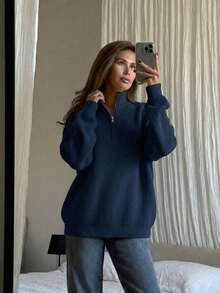 Women's Simple Ribbed Solid Color Casual Korean Textured Commuter Loose Versatile Stand Collar Zipper Half-Placket Pullover Long Sleeve Sweater, Spring/Autumn/Winter - Royal Blue - View 3