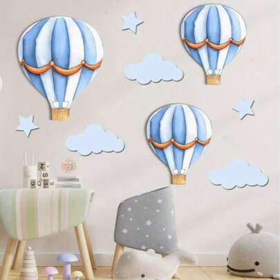 9 قطع ديكور جداري خشبي لبالونات هوائية زرقاء مع السحب والنجوم - مثالي لغرفة النوم والفصل الدراسي وغرفة الألعاب - سهل التعليق، لا يتطلب بطاريات | ديكور غرفة خيالي | ميزة التعليق السهلة، ديكور بالونات هوائية