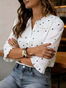 Áo kiểu nữ tay lỡ in hình trái tim, cổ Peter Pan và cổ tay bèo nhún, kiểu dáng lãng mạn phù hợp cho công sở và thường ngày, thích hợp cho kỳ nghỉ xuân, hè và thu. - trắng - Xem 10