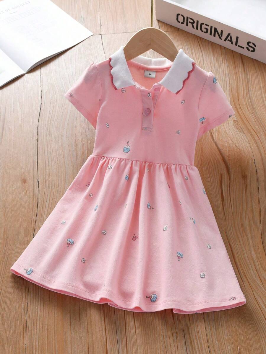 Vestido casual y lindo de vacaciones con estampado de flores y dibujos animados, con botones y volantes para niña joven - Rosa - Ver 1