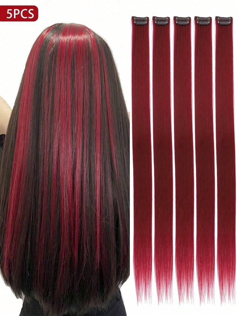 5pcs Colorful Clip-In Hair Extensions, 20-Inch Straight Synthetic Hair Clips For Party Costume, Christmas Or New Year Gift For Girls (Wine Red) - Burgundy - View 1