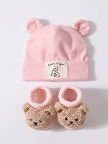2 peças/Conjunto Chapéu Macio com Orelhas de Coelho + Meias de Urso de Pelúcia para Bebês de 0-12 Meses, Gorro Elástico para Bebês Recém-Nascidos, Conjunto Fofo para Uso Casual Diário Interno/Externo, Sessão de Fotos - 2 unidades - Visão 3