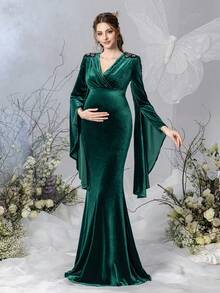 Elegant Maternity Overlay Neckline Long Sleeve Bell Sleeve Maxi Party Gown | Velvet Fabric, Bell Sleeve With Flowing Cuffs, Shoulder Fringe Appliques - Dark Green - View 5