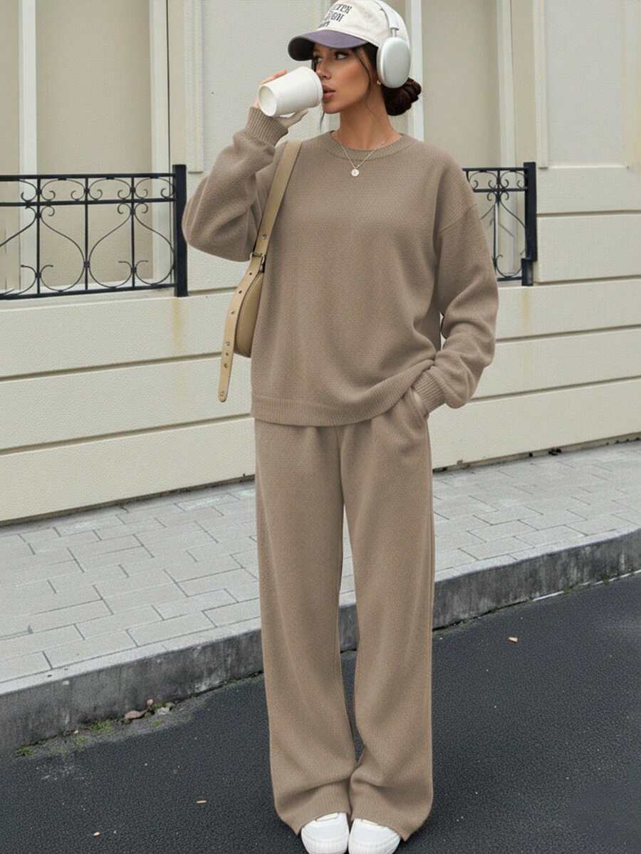 女士加厚针织毛衣和阔腿裤两件套，宽松版型，保暖家居服，返校季服装，校园穿搭灵感，返校必备单品，开学第一天穿搭，2026返校季穿搭 - 駝色 - 查看 1