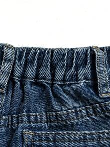 男童经典休闲阔腿中度水洗牛仔及膝短裤，松紧腰带可调节 - 中等水洗藍 - 查看 9