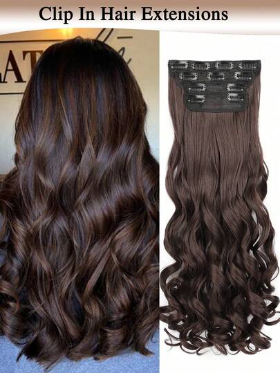 20英寸长波浪形合成纤维夹式接发，浓密柔软，适合女性日常佩戴（深棕色）