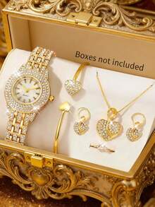 6件套时尚女士石英表，简约百搭，奢华全钻圆形表盘，金色合金钢表带，搭配心形钻石手链、项链、耳环、戒指和首饰组合套装，适合日常和节日佩戴，送给闺蜜、女士或冬季礼物的理想之选。 - 金色 - 查看 12