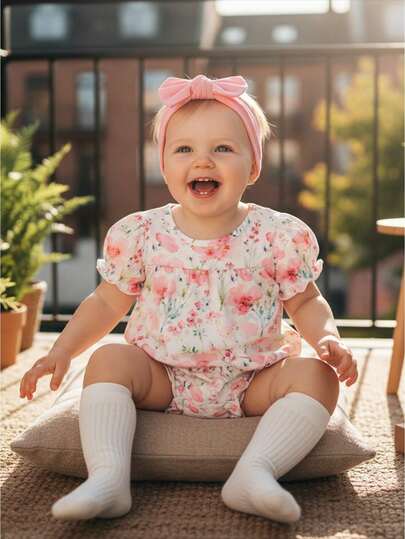 Conjunto de 2 piezas para niñas pequeñas, adorable mono con estampado de flores, manga corta, cuello redondo y diadema