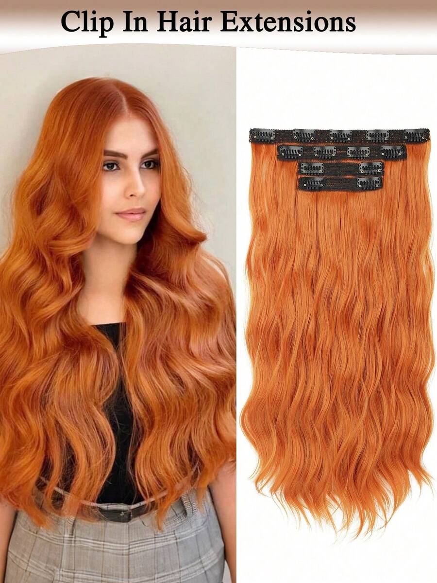 20-Inch 4pcs Long Wavy Orange Clip-In Hair Extensions, Natural Soft Synthetic Fiber Clip-In Hairpieces, Suitable For Women, Girls For Daily, Party, Halloween And Other Occasions - Orange - View 1