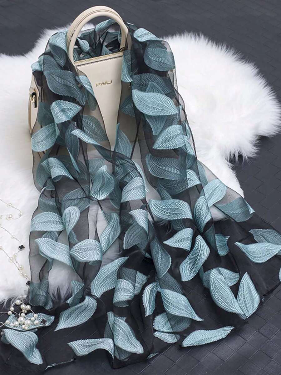 1pc Light Blue Cutout Leaf Pattern Chiffon Scarf, Women Shawl Wrap Suitable For Outings And Parties, All Seasons - Baby Blue - View 1