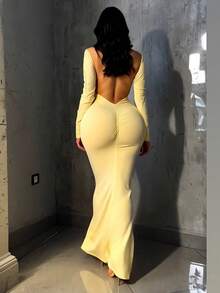 Women's Sexy Backless Bodycon Party Dress, Long Sleeve, Suitable For Parties, Birthdays, All Seasons - Pale Yellow - View 1