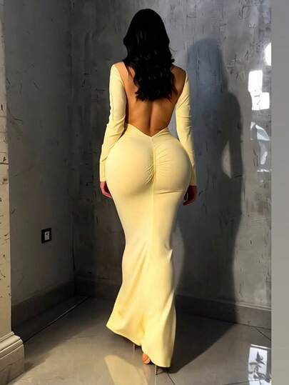 Women's Sexy Backless Bodycon Party Dress, Long Sleeve, Suitable For Parties, Birthdays, All Seasons