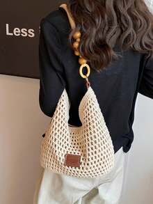 Small Design Hollow Seaside Holiday Style Shoulder Bag.Fashionable And Beaded Shoulder Strap Personalized Underarm Bag Elegant Women's Crossbody Bag, Equipped With An Adjustable Long Shoulder Strap,Suitable For Daily Vacation And Travel - Beige - View 4