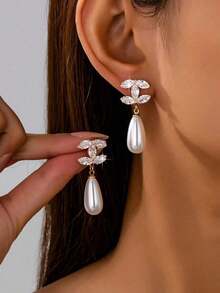 1 Pair Elegant Pearl Decor Dangle Earring, Vintage Faux Pearl Earring With Charms, Basic Design Earrings Gift For Women Daily Wear, Jewelry Gift For Her - 1 對 + 珍珠 - 查看 5