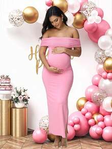 JustVH Maternity Mesh Off Shoulder Elegant Summer Sleeveless Dress For Baby Shower Photoshoot - Baby Pink - View 1