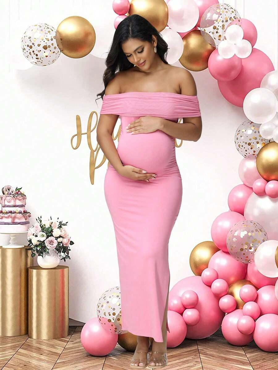 JustVH Maternity Mesh Off Shoulder Elegant Summer Sleeveless Dress For Baby Shower Photoshoot - Baby Pink - View 1