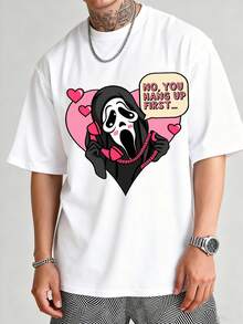 "NO, YOU HANG UP FIRST..." Funny Men's T-Shirt With Face And Heart Motif, Casual Short-Sleeved Shirt Made Of Pure Cotton, Simple And Stylish, Streetwear, Y2K, Subculture, Retro Style, Suitable For Everyday Wear, A Valentine's Day Gift For Men. - 白色 - 查看 2