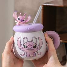 Disney 官方史迪奇陶瓷马克杯，可爱女孩带盖生日礼物咖啡杯，家用咖啡杯，情侣水杯 - 彩色 - 查看 6