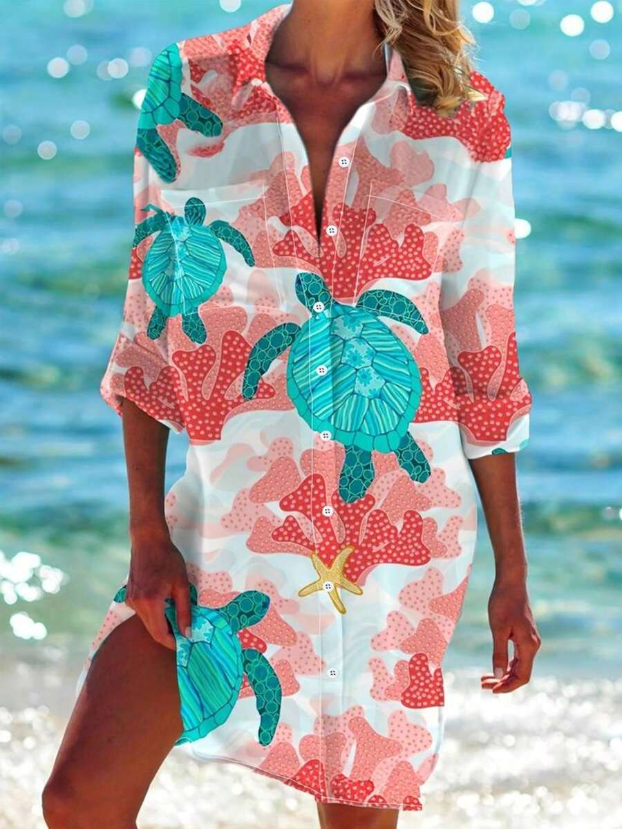 Plus Size Long Sleeve Button Front Long Shirt, Decorated With Sea Turtle And Coral Prints, Regular Hem Vacation