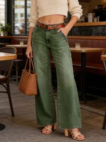 女士带口袋阔腿宽松休闲百搭牛仔裤（春季款） - 軍綠色 - 查看 5