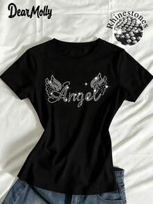 DEAR MOLLY Angel Rhinestone Graphic Women T-Shirt, Shiny Wing Pattern Top, Round Neck Short Sleeve Casual Wear - Black - View 1